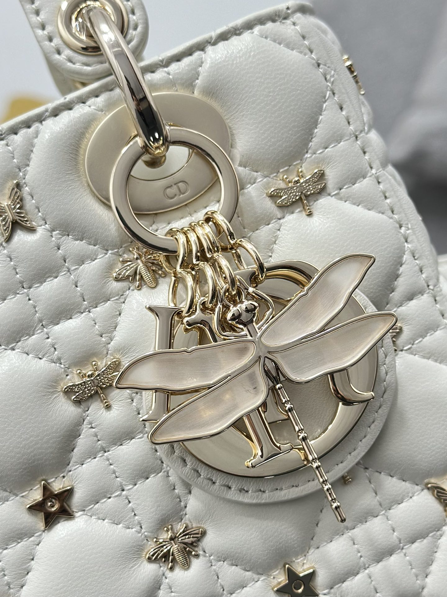 Small Lady Dior Bag White Lambskin with Dragonfly Nail